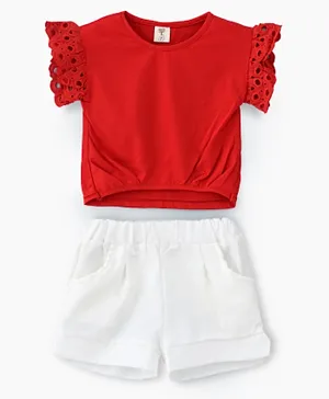 Babyqlo Flutter Sleeves Tee With White Shorts Set - Red