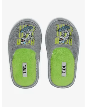 LBL by Shoexpress Plush Textured Slip On Bedroom Mules with Dinosaur Applique Detail - Grey