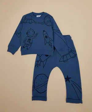 R&B Kids Full Sleeves Space Print Sweatshirt & Joggers/Co-ord Set - Blue