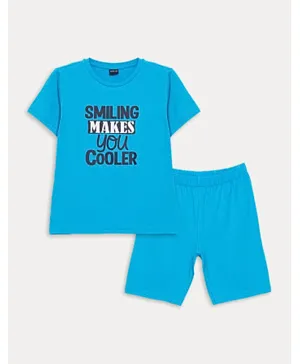 LC Waikiki Smiling Makes You Cooler Graphic T-shirt & Shorts Set - Blue