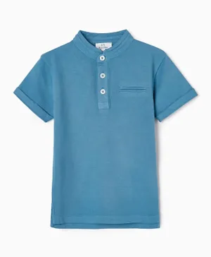 Zippy Button Closure Mandarin Neck T-Shirt - Blue