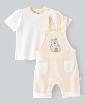 Tiny Hug Bear Patched Dungaree with T-shirt Set - White & Pink
