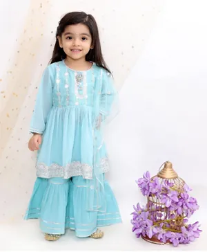 Little Bansi Full Sleeves Zardosi Work Kurti With Sharara & Dupatta - Blue