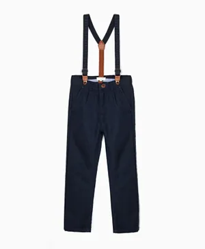 Zippy Button Closure Pants With Suspender - Blue