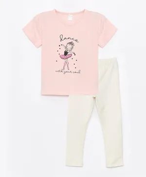 LC Waikiki Dance Graphic Crew Neck T-Shirt and Leggings Set - Pink & Cream