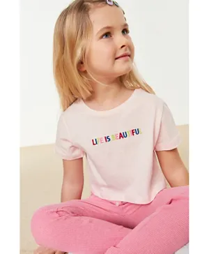 Trendyol Life Is Beautiful Embroidered T-Shirt - Pink