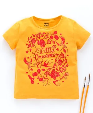 Uniq Kidz Half Sleeves Girls Little Dreamer Floral Print T-shirt - Yellow