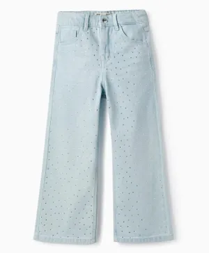 زيبي - بنطال جينز قطني واسع الأرجل مزين بالترتر - أزرق فاتح