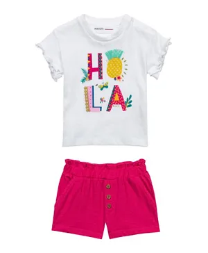 Minoti Cotton Butterfly & Floral Graphic Sequins Embellished Frilled T-Shirt With Jersey Shorts Set - White & Pink