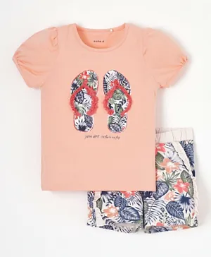 Name It Flip Flops Printed T-Shirt & Shorts Set - Apricot Blush