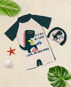 Babyqlo Funky Dino With Cars Printed Swimsuit And Cap - Multicolor