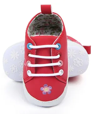 Babyqlo Lace Up Booties with Embroidered Flower - Red