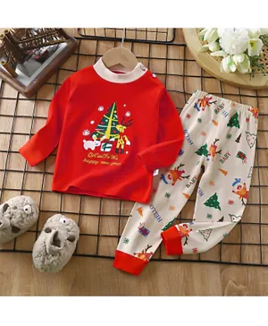 Babyqlo Christmas Printed T-Shirt & Pajama set - Red/White