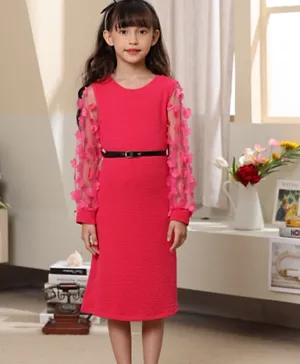 Le Crystal Flower Applique Party Dress With Belt - Fuchsia