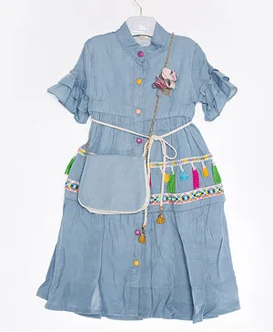 Amri Flower Applique Shirt Frock - Light Blue
