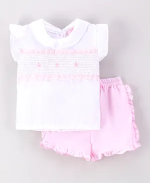 Rock a Bye Baby Floral Smocked Top With Button On Shorts Set - White