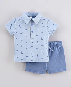 Little Gent Dinosaur Collared T-Shirt And Shorts Set - Blue