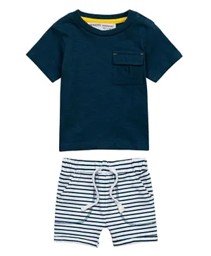 Minoti Slub T-Shirt & Striped Fleece Shorts Set - Dark Blue