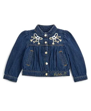 Original Marines Puffed Sleeves Embroidered and Sequins Bow Detail Petite Denim Jacket - Blue