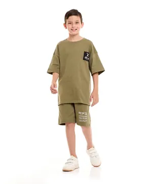 Victor and Jane Cotton Graphic Oversized T-Shirt & Shorts/Co-ord Set - Olive Green
