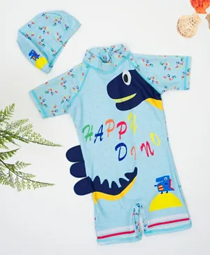 Babyqlo UV Protection Dino All Over Printed Half Sleeves Legged Swimsuit & Cap Set - Blue