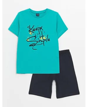 LC Waikiki Keep It Simple Graphic Crew Neck T-shirt & Shorts Set - Mint Green