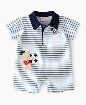 Tiny Hug Striped & Teddy Bear Patched Romper - Multicolour