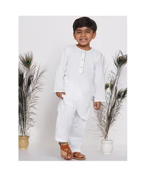 Little Bansi Full Sleeves Solid Colour Kurta With Pajama - White