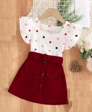 Babyqlo 3-Piece Cotton Blend Polka Dot Printed Short Sleeves Top & Solid Skirt with Belt Set - White & Red