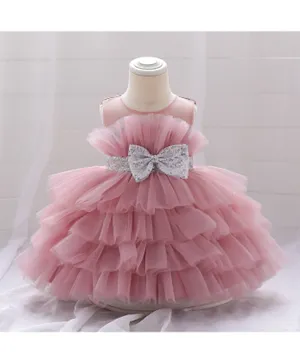 DDaniela Fluffy Bow Applique Ruffle Party Dress - Powder Pink