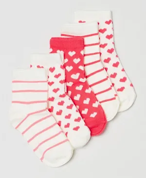OVS 5 Pack Hearts and Stripes Printed Ankle Length Socks - White and Pink