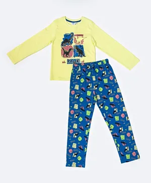 R&B Kids Dino Printed Long Sleeves Pyjama Set - Yellow & Blue