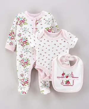 Rock a Bye Baby Floral Base Sleepsuit with Bodysuit and Bib Set - White