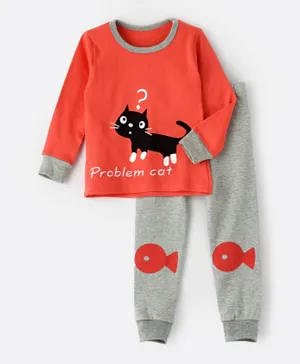 Lamar Kids Cat Round Neck Pajama Set - Red