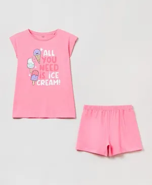 OVS Cotton Ice Creams Graphic Short Sleeves T-Shirt & Solid Shorts Set - Sachet Pink