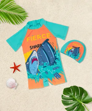 Babyqlo Shark On The Surface  Printed Swimsuit With Cap - Multicolor