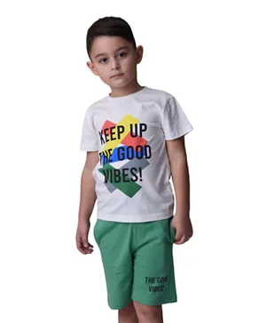 Victor and Jane Cotton Good Vibes Graphic T-Shirt & Shorts Set - Off White/Green