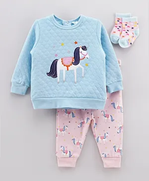 Lily and Jack 3Pc Unicorn Quilted Top & Joggers Set with Socks - Baby Blue