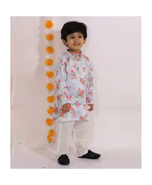 Little Bansi Full Sleeves Floral Print Kurta With Pajama - Grey