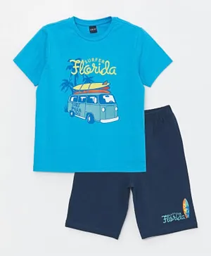 LC Waikiki Florida Graphic Crew Neck T-shirt & Shorts Set - Blue