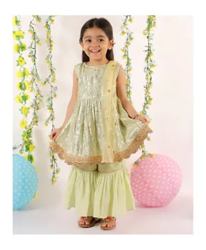 Little Bansi Sleeveless Floral Banarsi Frock Style Kurta With Sharara & Dupatta - Pista Green