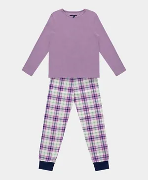GreenTreat Organic Cotton Solid Textured Bow Detailed T-Shirt & Checked Cuffed Bottoms - Purple