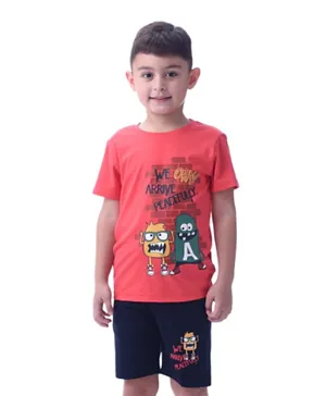 Victor and Jane Cotton Monsters Graphic T-Shirt & Shorts Set - Red/Black
