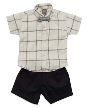 Little Kangaroos 100% Cotton Bow Detail Checked Short Sleeves Shirt & Solid Shorts Set - Black & Cream
