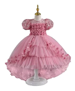 Babyqlo Flower Applique & Embroidered Long Tail Party Dress - Pink