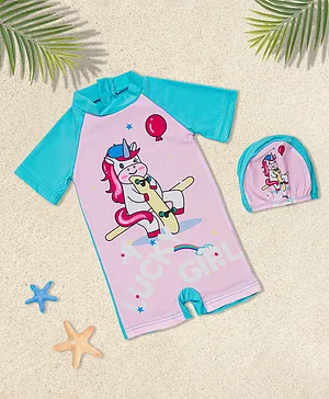 Babyqlo Cute Unicorn Printed Swimsuit with Cap - Pink