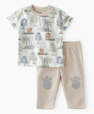 Tiny Hug Cotton Lion Cubs Printed T-Shirt & Pajamas Set - White/Beige