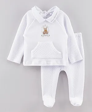 Rock a Bye Baby 2Pc Teddy Bear Quilted Top & Trousers Set - White