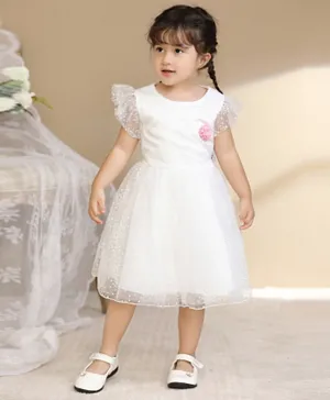 Smart Baby Flutter Sleeves Embellished Dress - White