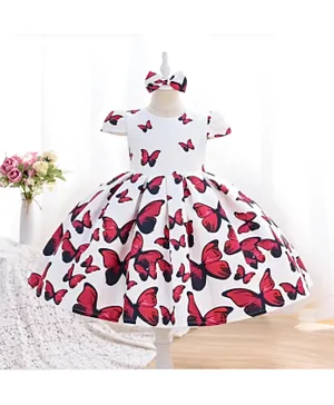 Babyqlo Butterfly Printed Party Dress With Bow Clip - White & Red